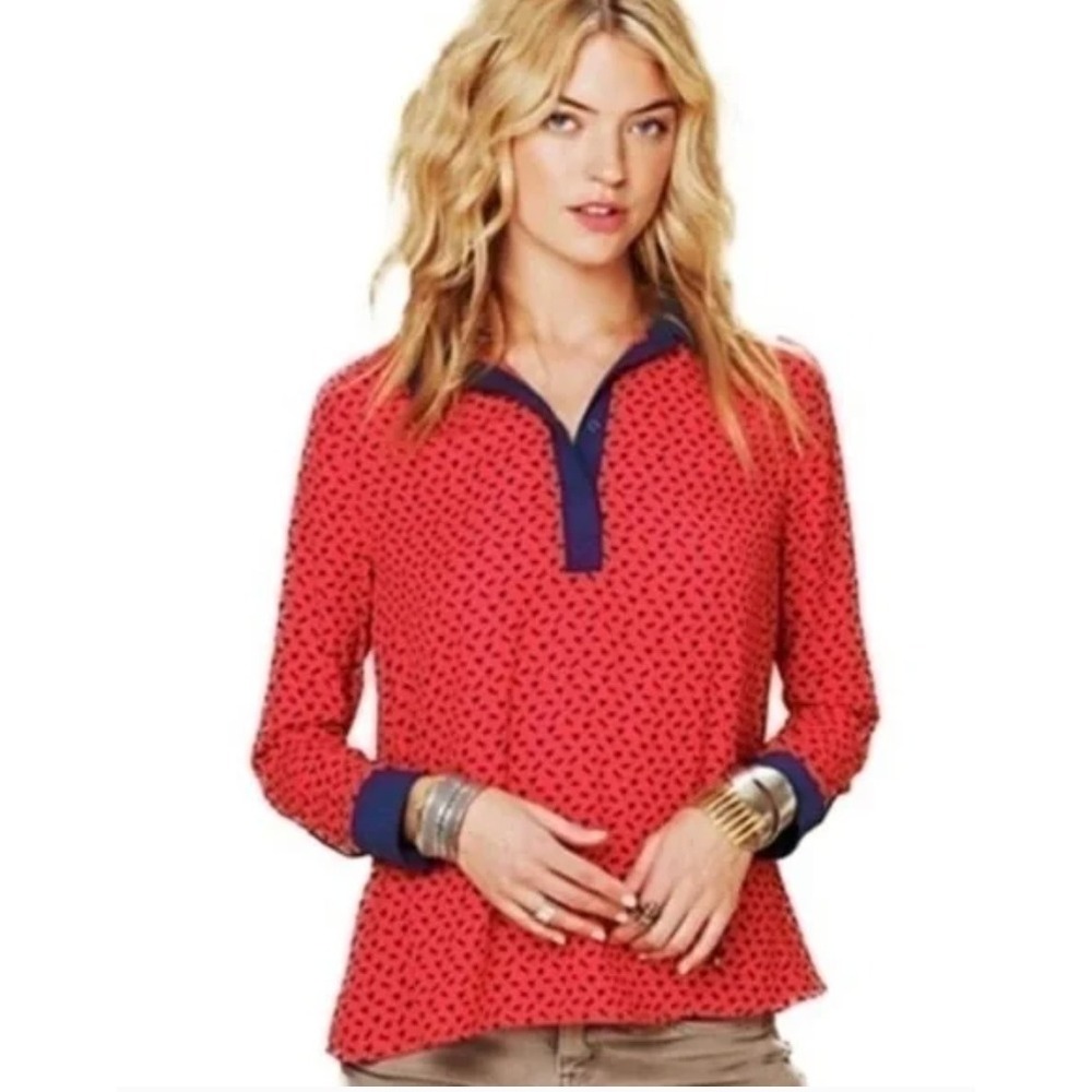 Free People Red Black Horse Print Collared Long Sleeve Tunic Top Womens Size M